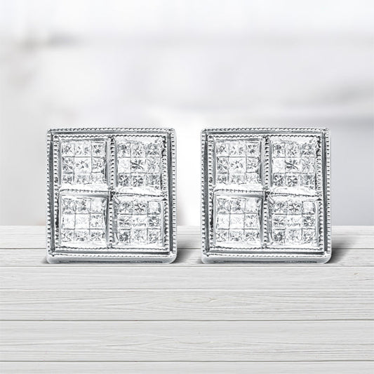 14K White Gold 1/2 Cttw Princess Diamond Composite Box Shape Milgrain Stud Earrings (H-I Color, SI1-SI2 Clarity)