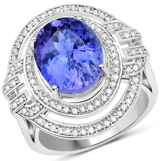 14K White Gold 6.83 Carat Genuine Tanzanite and White Diamond Ring