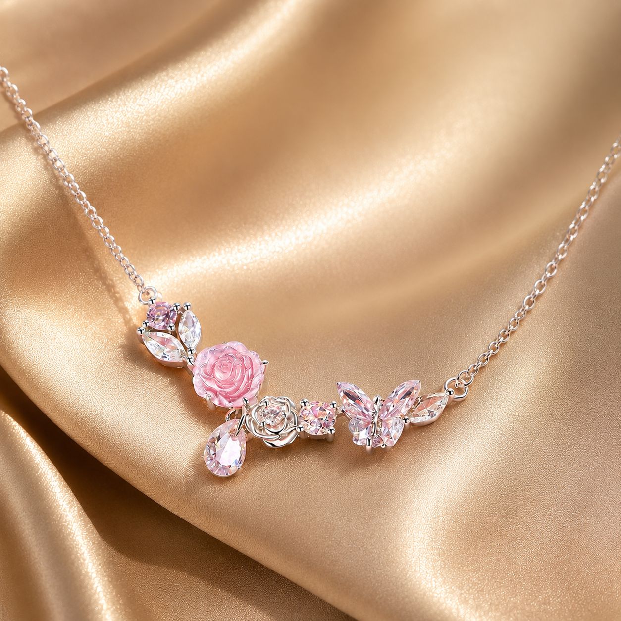925 Sterling Silver Necklace with CZ & Resin Pendant, 18x39mm, Plated with White Gold