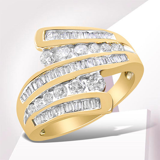 10K Yellow Gold 1 Cttw Round and Baguette-Cut Diamond Multi Row Bypass Ring Band (H-I Color, I1-I2 Clarity) - Ring Size 7