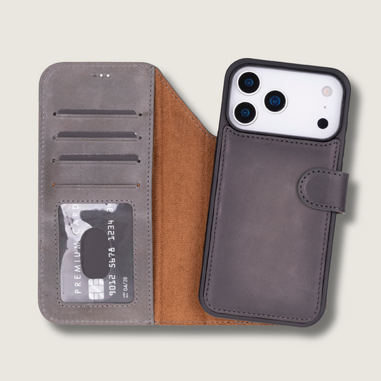 Leather iPhone 17 Pro Max Wallet Case – Gray - Austin