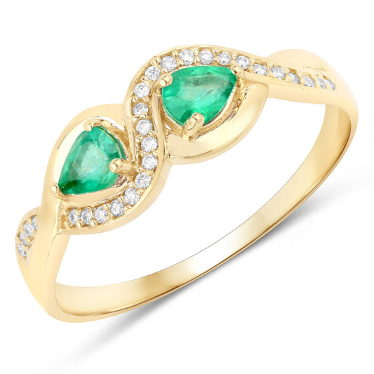 0.35 Carat Genuine Zambian Emerald and White Diamond 14K Yellow Gold Ring
