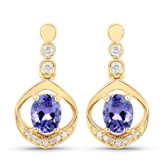 0.76 Carat Genuine Tanzanite and White Diamond 14K Yellow Gold Earrings