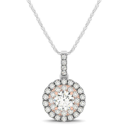 Round Shape Halo Diamond Pendant in 14k White and Rose Gold (1/2 cttw)