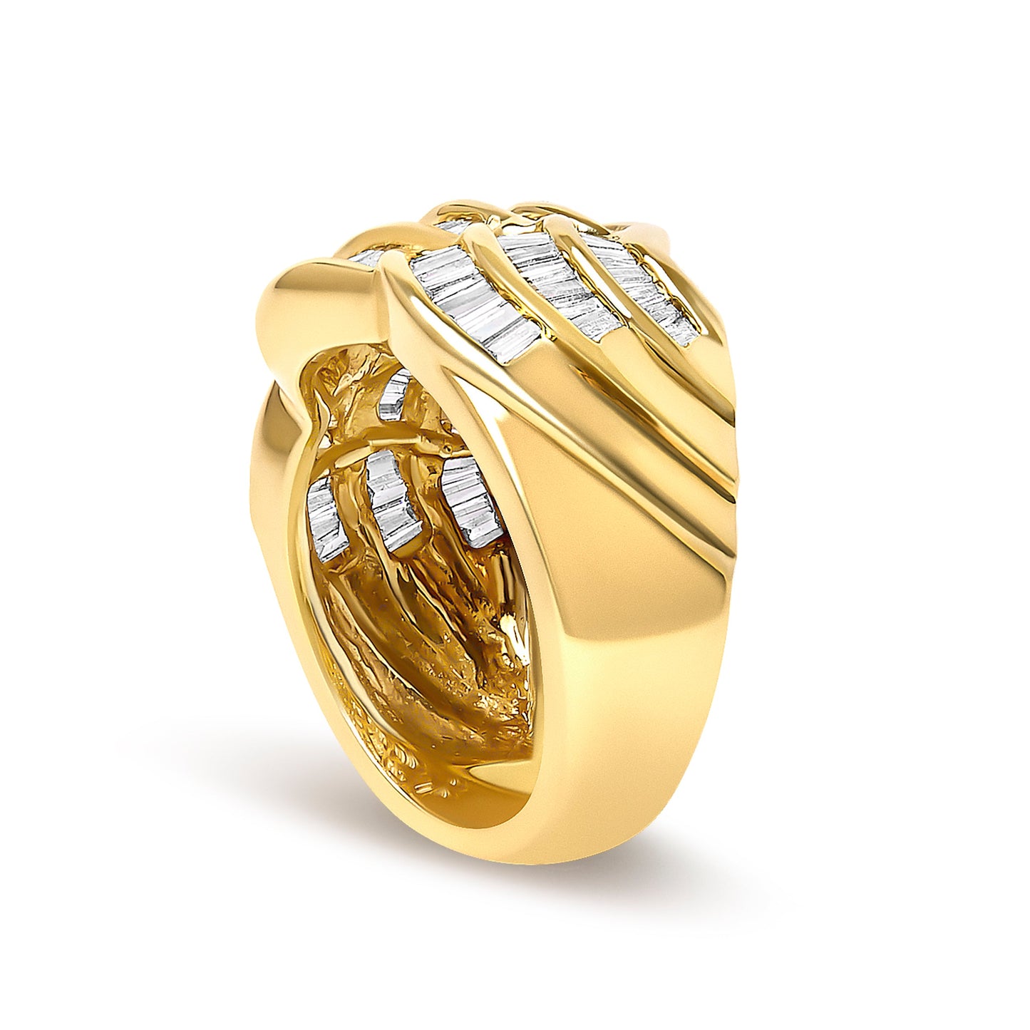 14K Yellow Gold 1-1/3 Cttw Baguette Diamond Wave Design Band Ring