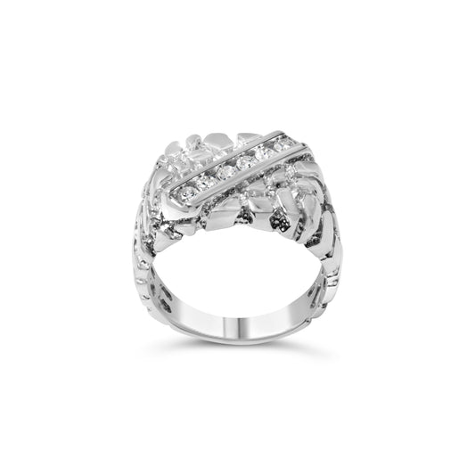 .925 Sterling Silver 1/3 Diamond 6 Stone Rectangle Nugget Gents Ring - Size 10