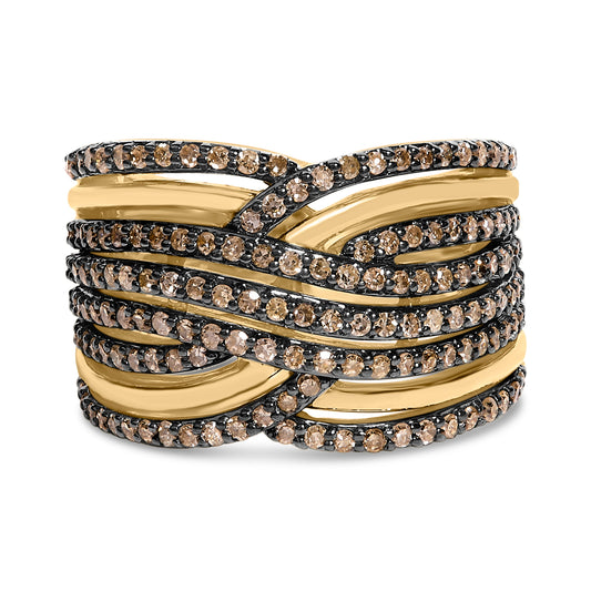 10K Yellow Gold Plated .925 Sterling Silver 1.0 Cttw Champagne Diamond Multi Row Cross Over Band Ring - Size 7