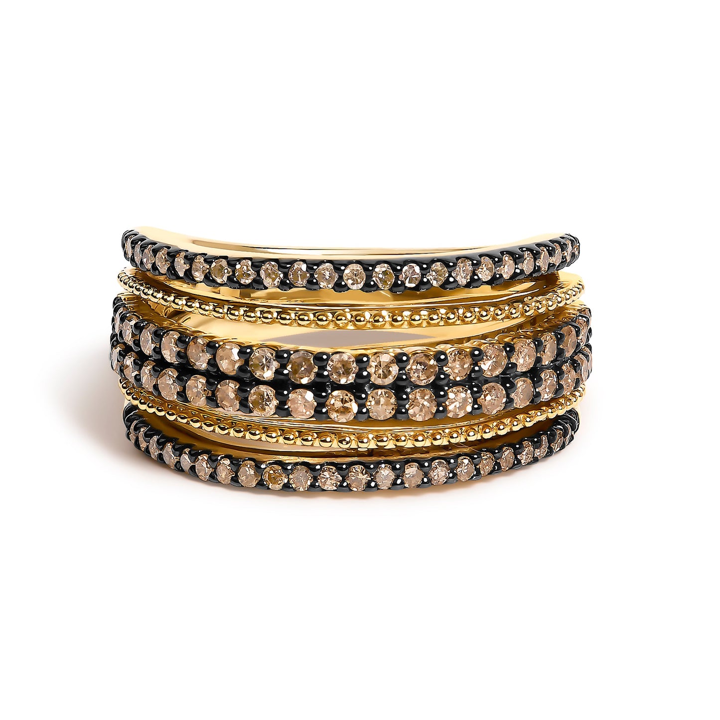 10K Yellow Gold Plated Sterling Silver 1.00 Cttw Champagne Diamond Multi Layer Band Ring