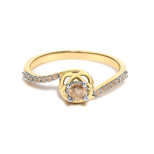 14K Yellow Gold Plated .925 Sterling Silver 1/3 Cttw Light Brown Diamond Bypass Ring