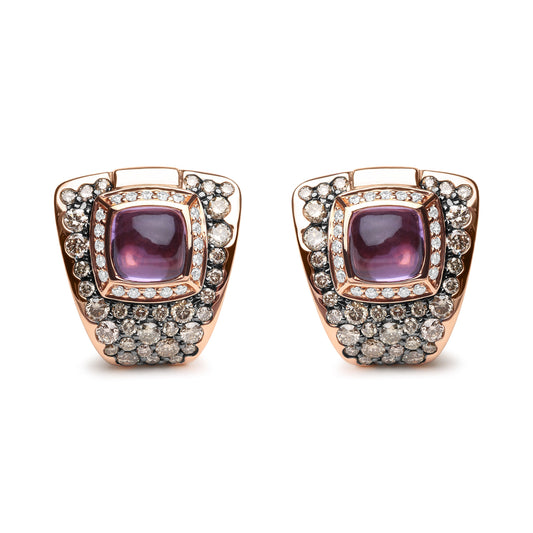 18K Rose Gold 1 1/2 Cttw Round Diamond and 7mm Cushion Cut Purple Amethyst Gemstone Geometrical Statement Stud Earrings (Brown and G-H Color, SI1-SI2 Clarity)