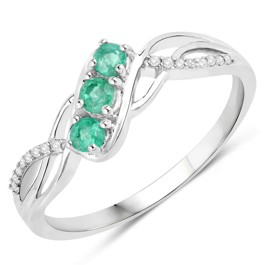 0.28 Carat Genuine Zambian Emerald and White Diamond 14K White Gold Ring
