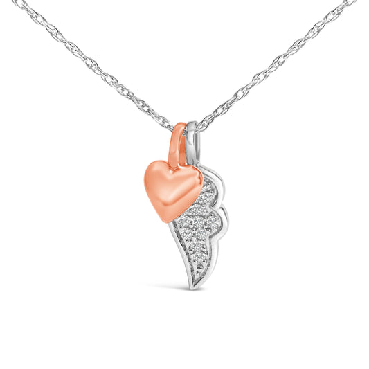 14K Rose Gold Plated Sterling Silver 1/10 Cttw Diamond Heart & Wing Pendant Necklace