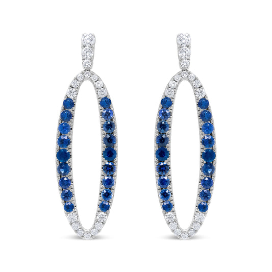 18K White Gold 1.11 Cttw Blue Round Diamond and Blue Sapphire Openwork Oval Shaped Dangle Earrings (F-G Color, VS1-VS2 Clarity)