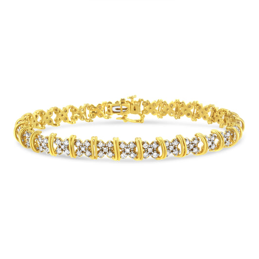 10K Yellow Gold Plated .925 Sterling Silver 2.0 Cttw Round Diamond Cluster "X" Shaped Link Bracelet (H-I Color, I3 Clarity) - 7"