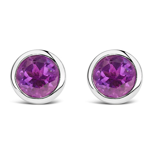.925 Sterling Silver 6MM Bezel Set Created Purple Amethyst Solitaire Stud Earrings