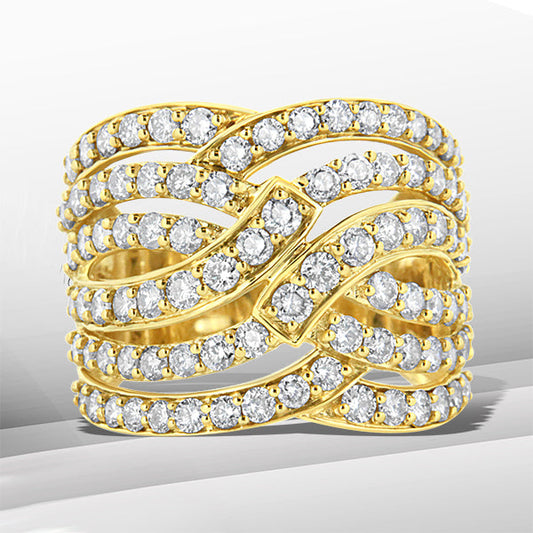 10K Yellow Gold 3.00 Cttw Diamond Multi Row Bypass Wave Cocktail Band Ring (J-K Color, I1-I2 Clarity) - Size 7