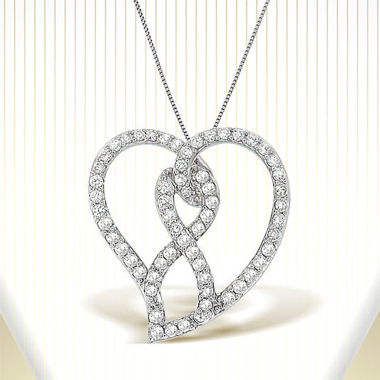 14K White Gold 1.0 Cttw White Diamond Awareness Ribbon & Open Heart 18" Pendant Necklace (H-I Color, I1-I2 Clarity) - White Diamond Ribbon