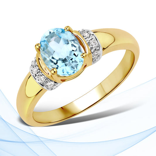 1.09 Carat Genuine Aquamarine and White Diamond 14K Yellow Gold Ring