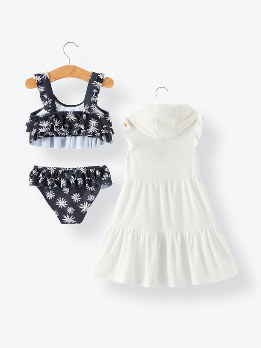 Summer Black Floral Girl Two Piece Swimsuit and Cover-up Set