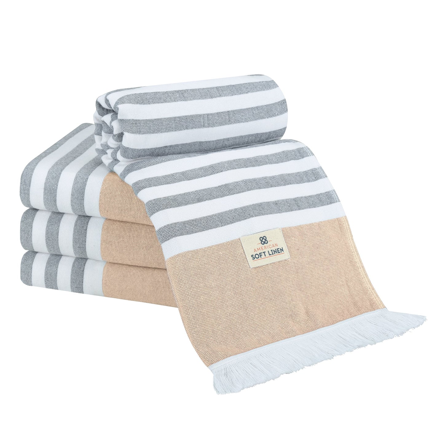 4 Packed Terry Peshtemal and Premium Beach Towel, Mediterranean Cotton Turkish Peshtemals, 35" x 60",  Modern & Traditional Turkish Bath Towels