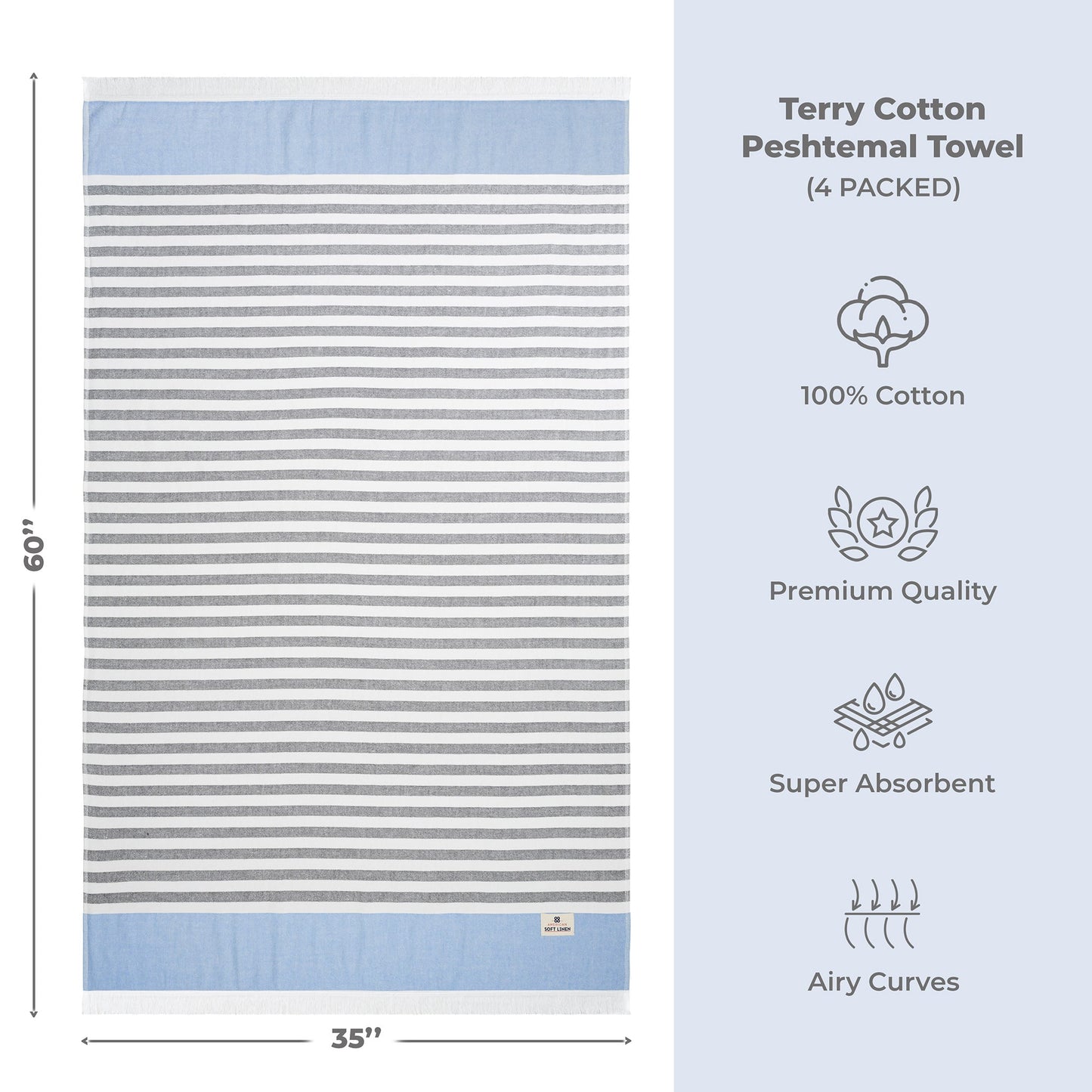 4 Packed Terry Peshtemal and Premium Beach Towel, Mediterranean Cotton Turkish Peshtemals, 35" x 60",  Modern & Traditional Turkish Bath Towels