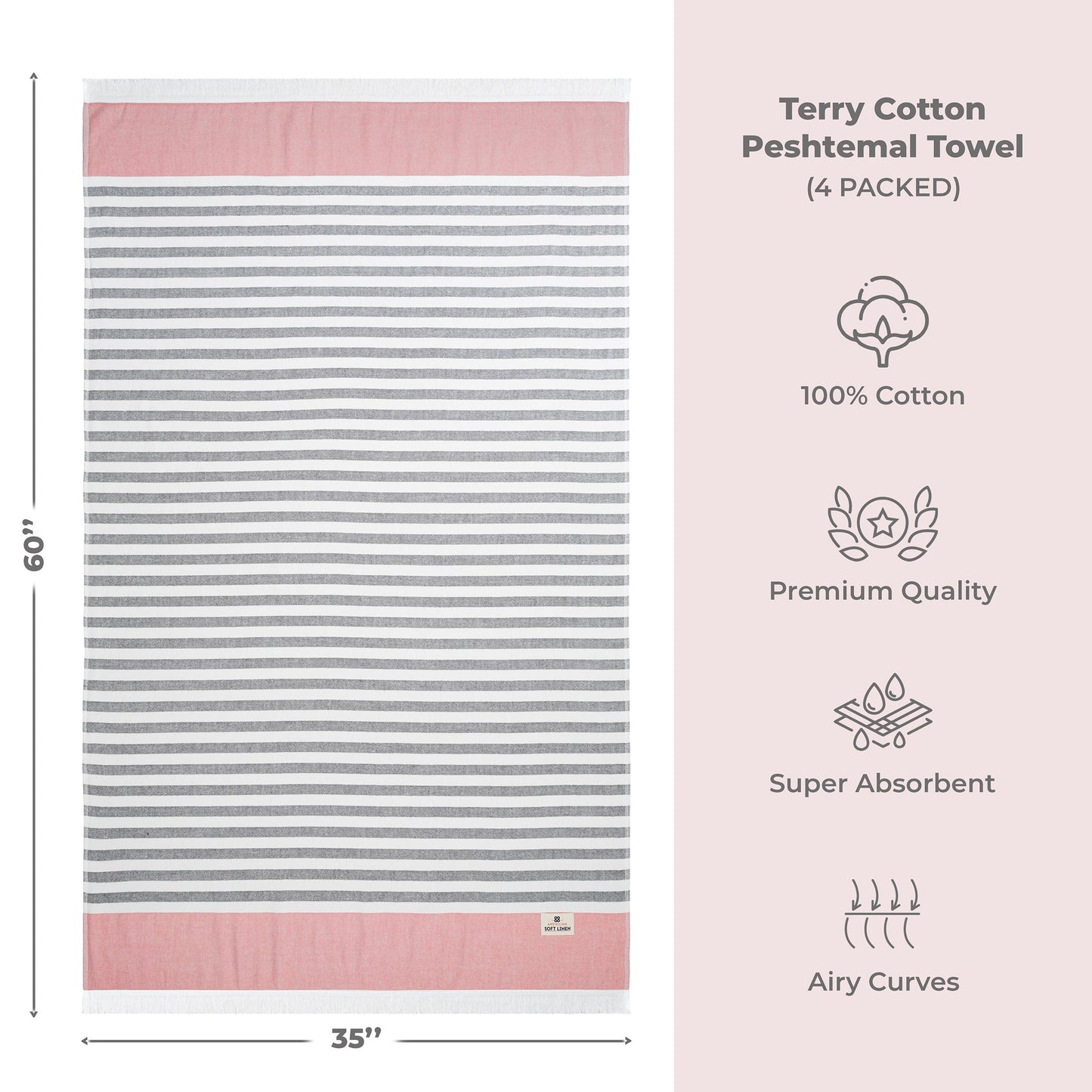 4 Packed Terry Peshtemal and Premium Beach Towel, Mediterranean Cotton Turkish Peshtemals, 35" x 60",  Modern & Traditional Turkish Bath Towels