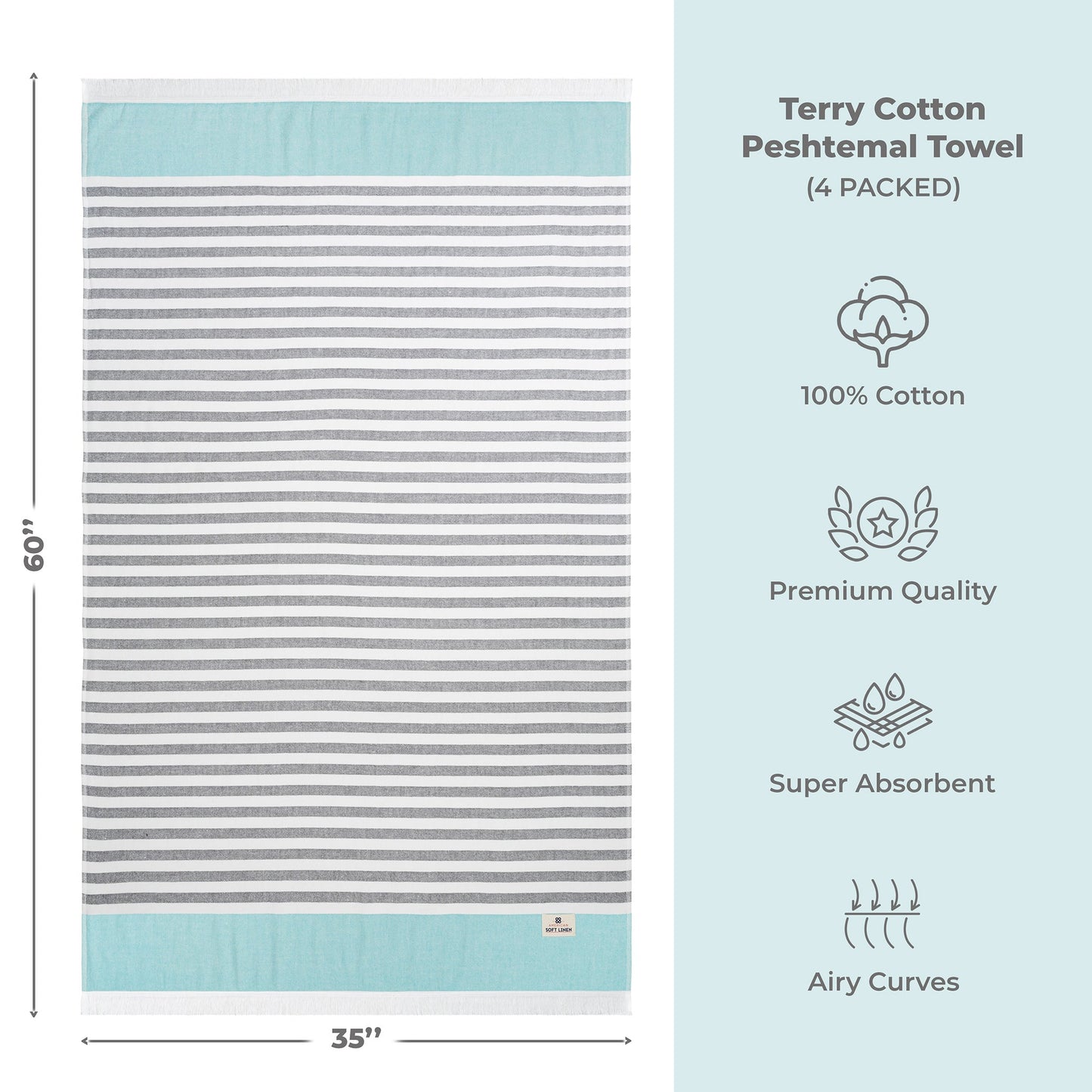 4 Packed Terry Peshtemal and Premium Beach Towel, Mediterranean Cotton Turkish Peshtemals, 35" x 60",  Modern & Traditional Turkish Bath Towels