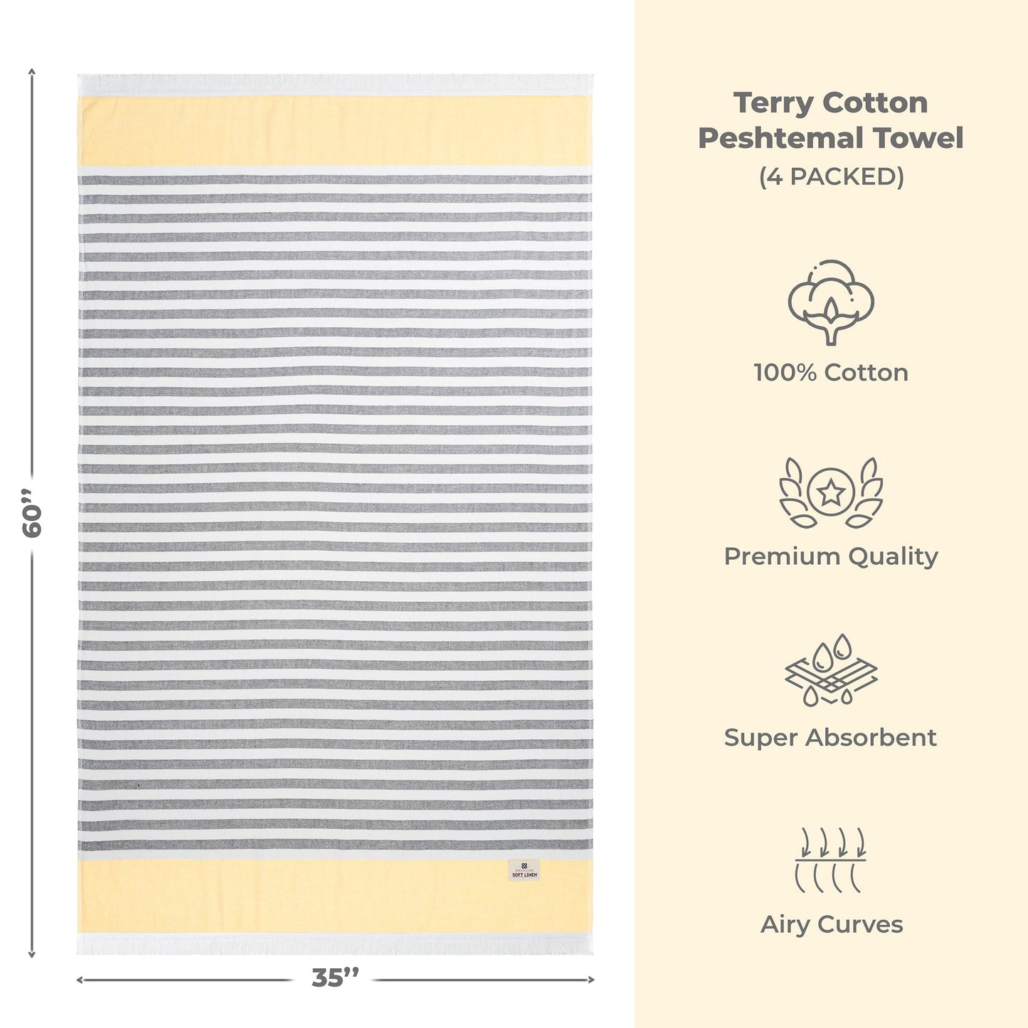 4 Packed Terry Peshtemal and Premium Beach Towel, Mediterranean Cotton Turkish Peshtemals, 35" x 60",  Modern & Traditional Turkish Bath Towels