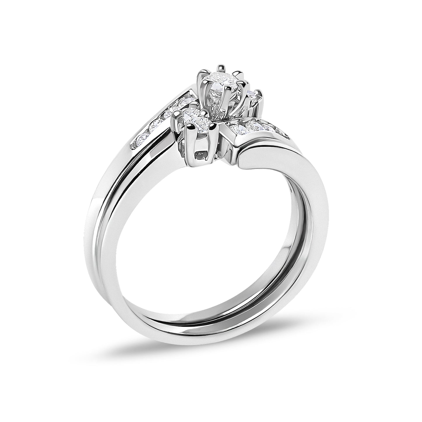 14K White Gold 3/8 Cttw Diamond Swirl Engagement Bridal Ring Set