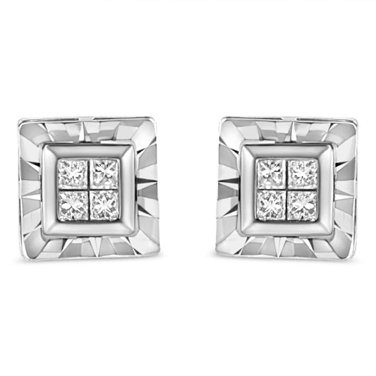 .925 Sterling Silver 1/6 Cttw Invisible Set Princess-Cut Diamond Quad Composite Stud Earrings (H-I Color, I1-I2 Clarity)