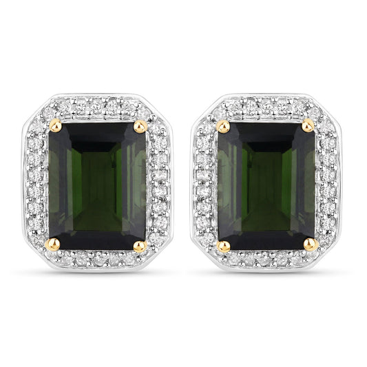 3.57 Carat Genuine Green Tourmaline and White Diamond 14K Yellow Gold Earrings