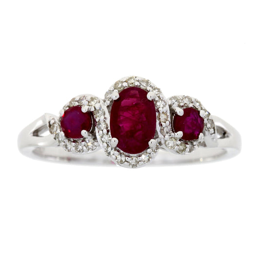 1.04ct Ruby Diamond 3 Stone Ring 14KT White Gold