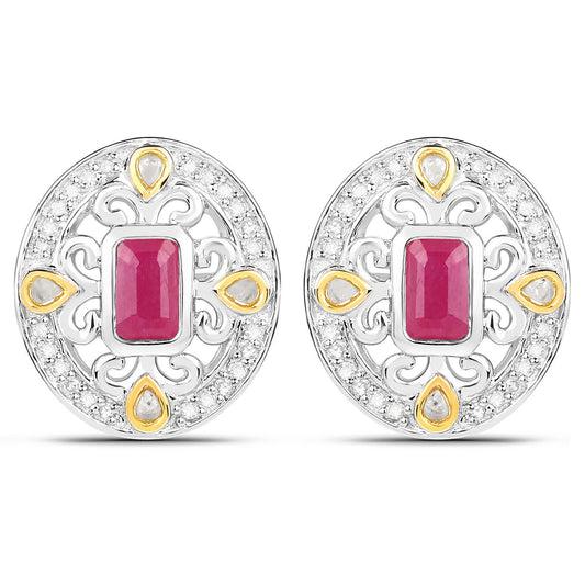 0.77 Carat Genuine Ruby and White Diamond .925 Sterling Silver Earrings