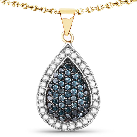 14K Yellow Gold Plated 0.81 Carat Genuine Blue Diamond and White Diamond .925 Sterling Silver Pendant