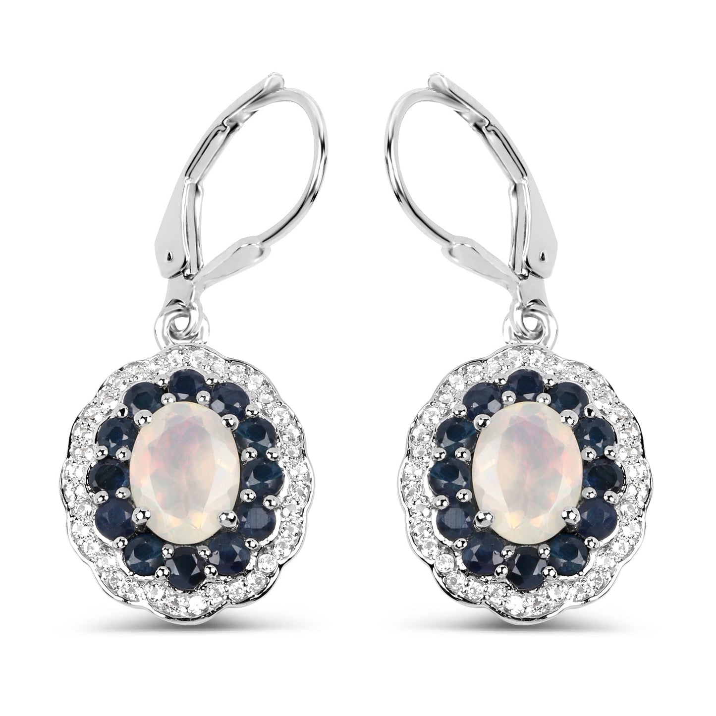 2.80 Carat Genuine Ethiopian Opal, Blue Sapphire and White Topaz .925 Sterling Silver Earrings