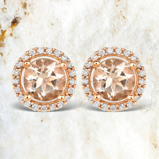 0.93 Carat Genuine Morganite and White Diamond 14K Rose Gold Earrings