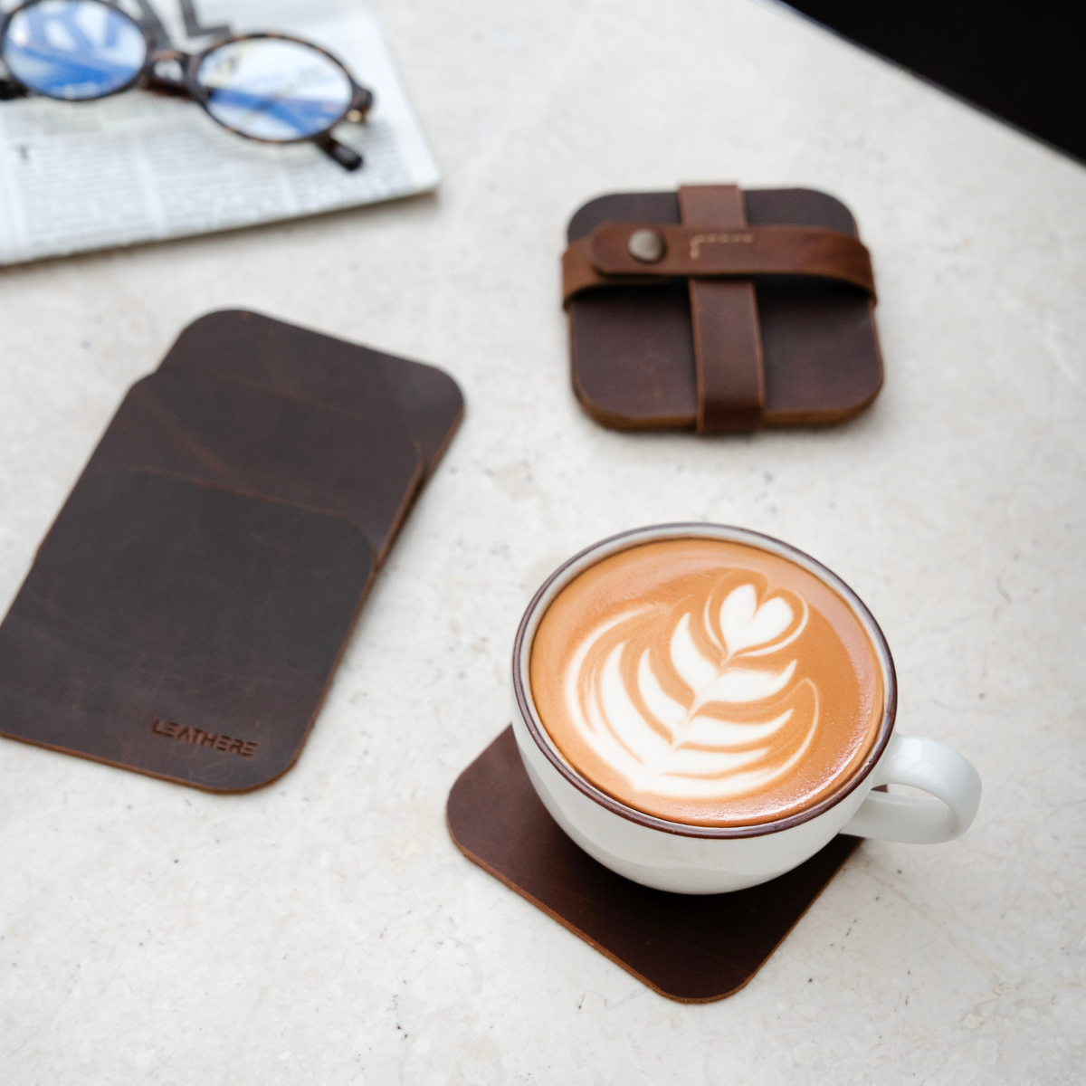 LEATHERE Leather Coffee Coaster Set — Set of 4- Hialeah
