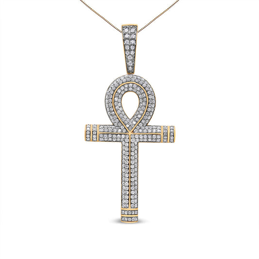 10K Yellow Gold 1 7/8 Cttw Round Diamond Ankh Men's Pendant Necklace