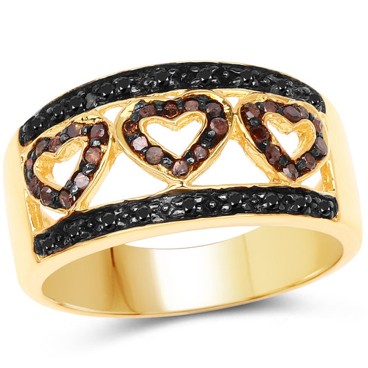 14K Yellow Gold Plated 0.32 Carat Genuine Black Diamond and Red Diamond .925 Sterling Silver Ring