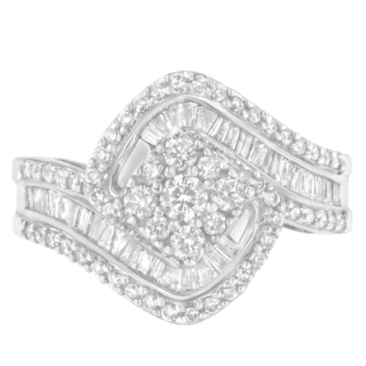 14K White Gold 1 Cttw Baguette and Round Diamond Floral Swirl Cluster Cocktail Ring
