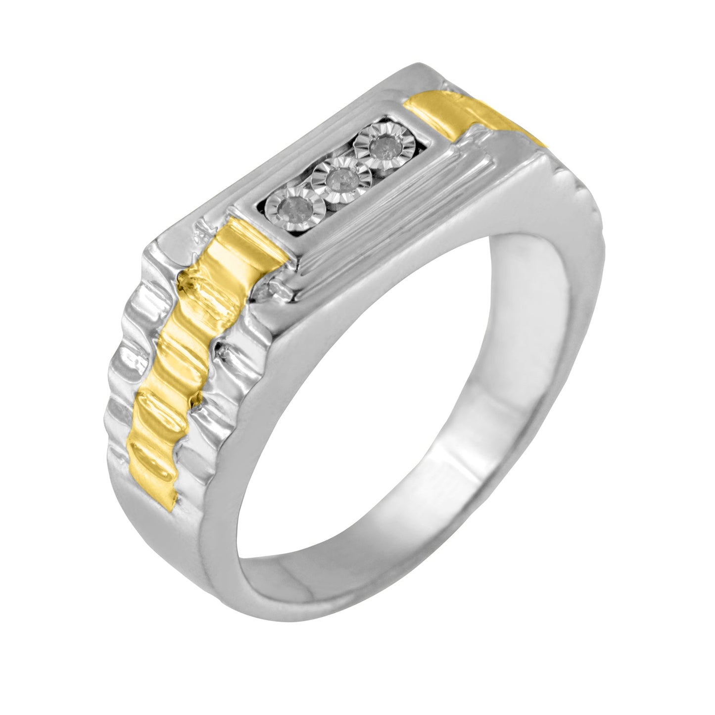 10K Yellow Gold Plated .925 Sterling Silver Diamond Accent Miracle-Set 3 Stone Ridged Band Gentlemen's Fashion Ring (I-J Color, I2-I3 Clarity) - Size 10