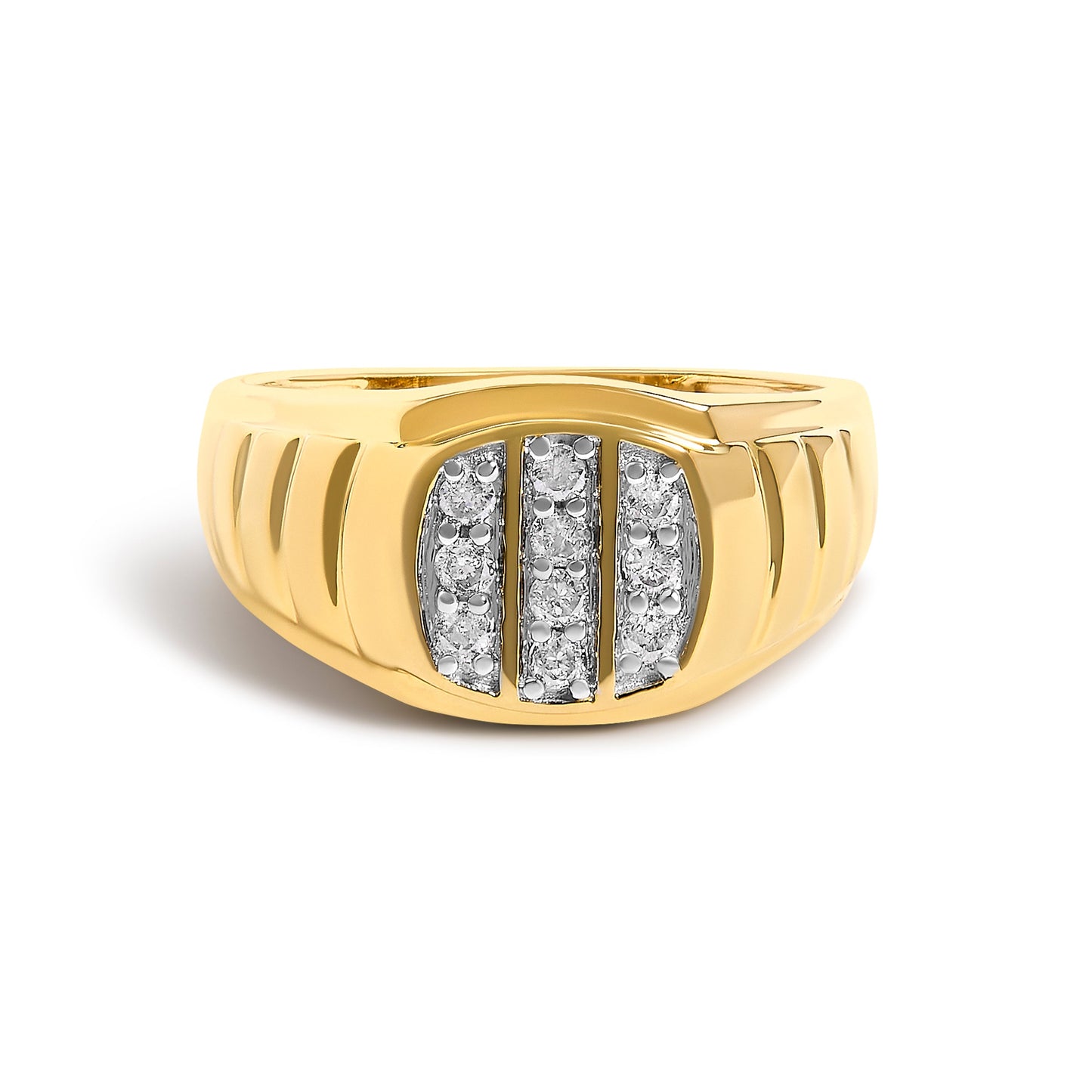Men's 14K Yellow Gold Plated Sterling Silver 1/3 Cttw Diamond Grooved Band Ring