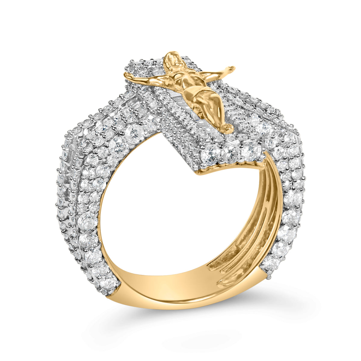 Men's 10K Yellow Gold 5-2/5 Cttw Diamond Jesus Crucifix Cross Cocktail Ring