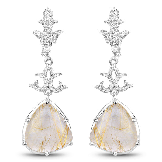 15.97 Carat Genuine Golden Rutile And White Topaz .925 Sterling Silver Earrings