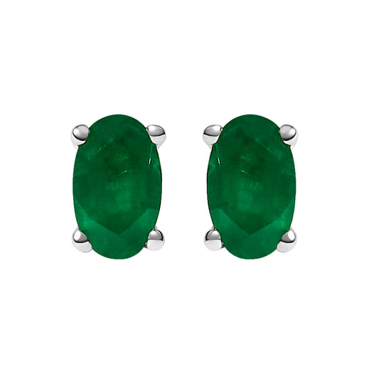 14K White Gold 5x3 MM Oval Green Emerald Solitaire Stud Earrings