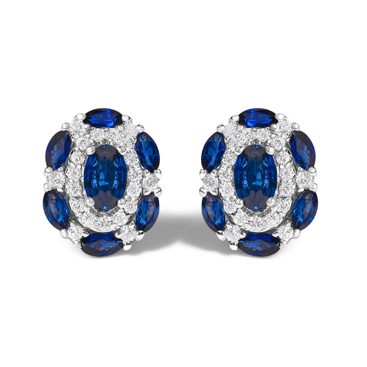 14K White Gold Blue Sapphire and Diamond Vintage Style Stud Earrings (G-H Color, SI2-I1 Clarity)