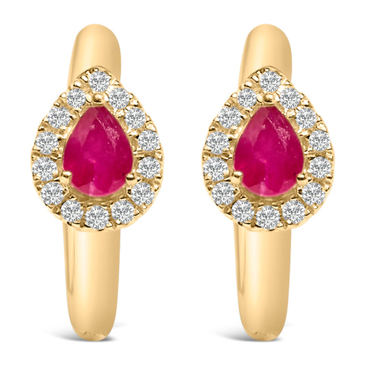 10K Yellow Gold Pear Cut Red Ruby 4x3 mm and 1/10 Cttw Round Diamond Huggy Earrings (I-J Color, I1-I2 Clarity)