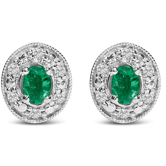 14K White Gold Oval Green Emerald and 1/10 Cttw Diamond Halo Stud Earrings  (I-J Color, I1-I2 Clarity)