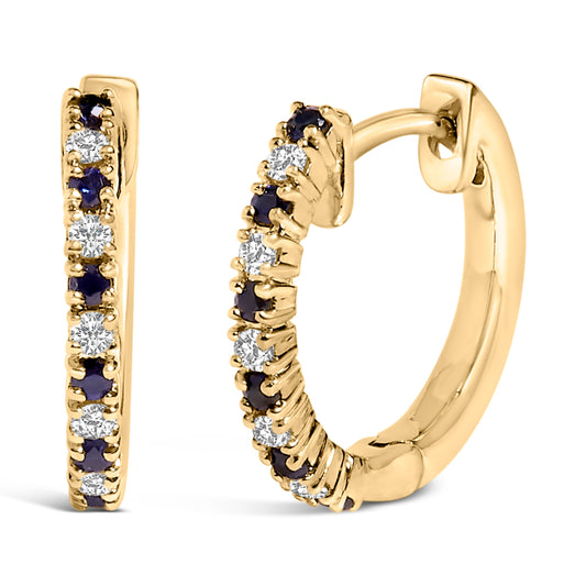 10K Yellow Gold Alternating Blue Sapphire 1/10 Cttw Diamond Huggy Hoop Earrings  (I-J Color, I1-I2 Clarity)