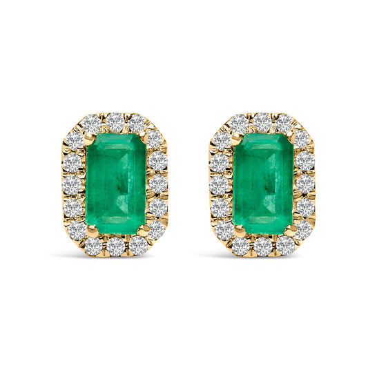 10K Yellow Gold 5x3mm Emerald-Cut Green Emerald and 1/7 Cttw Diamond Halo Octagonal Stud Earrings (I-J Color, I1-I2 Clarity)